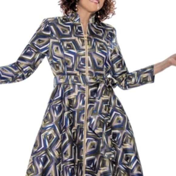 Dorinda Clark Cole 309111 Zip Up Jacquard Balloon Dress with Sash Belt - Picture 2 of 4